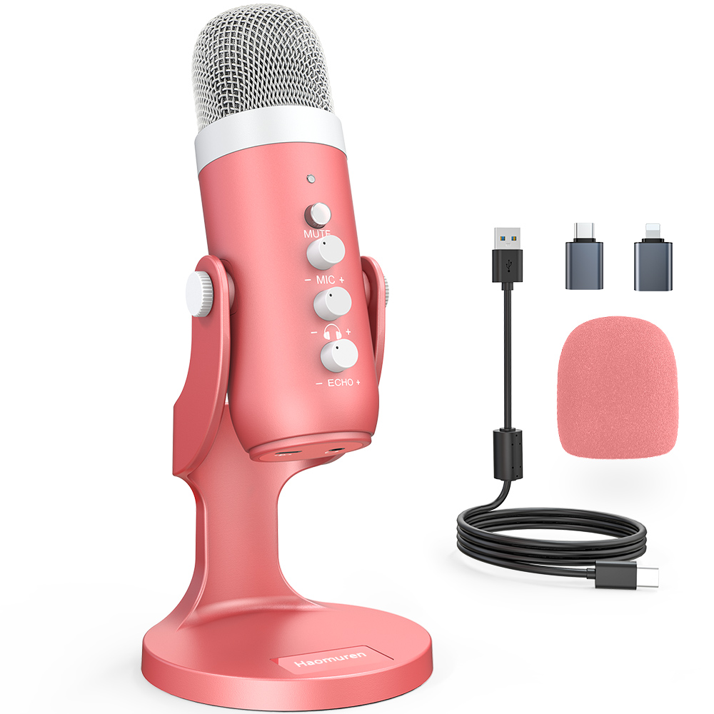 Pc Gaming Pink - Haomuren-Microphone à condensateur USB, rose, studio,